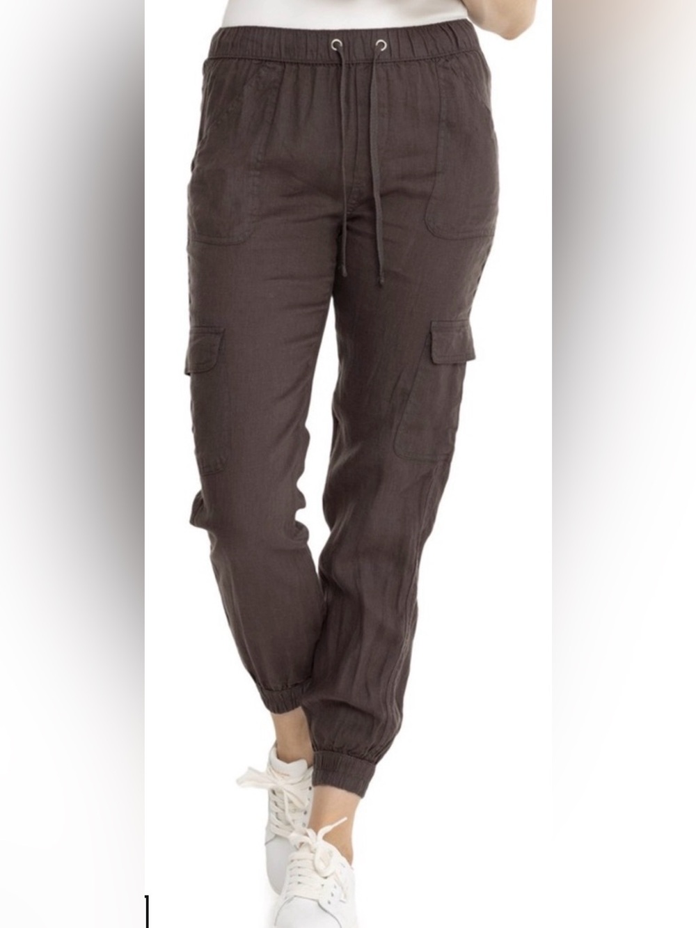 Women’s Linen Brown Cargo Jogger Pants - Drawstring Waist